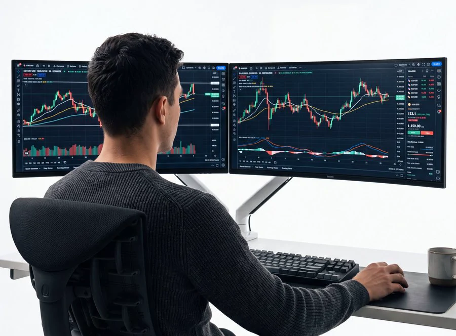 Trader operando com dois monitores