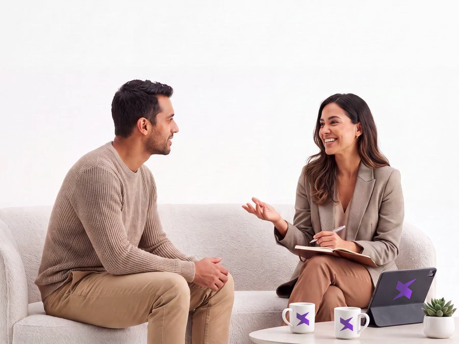 Psicóloga conversando com trader durante encontro
