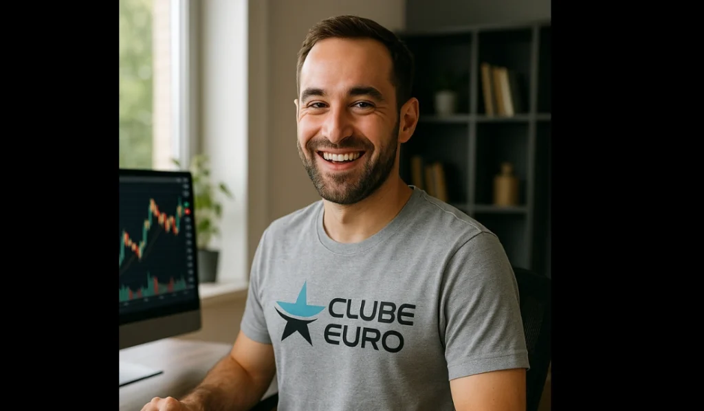 Homem sorrindo com camiseta do Clube Euro em escritório.