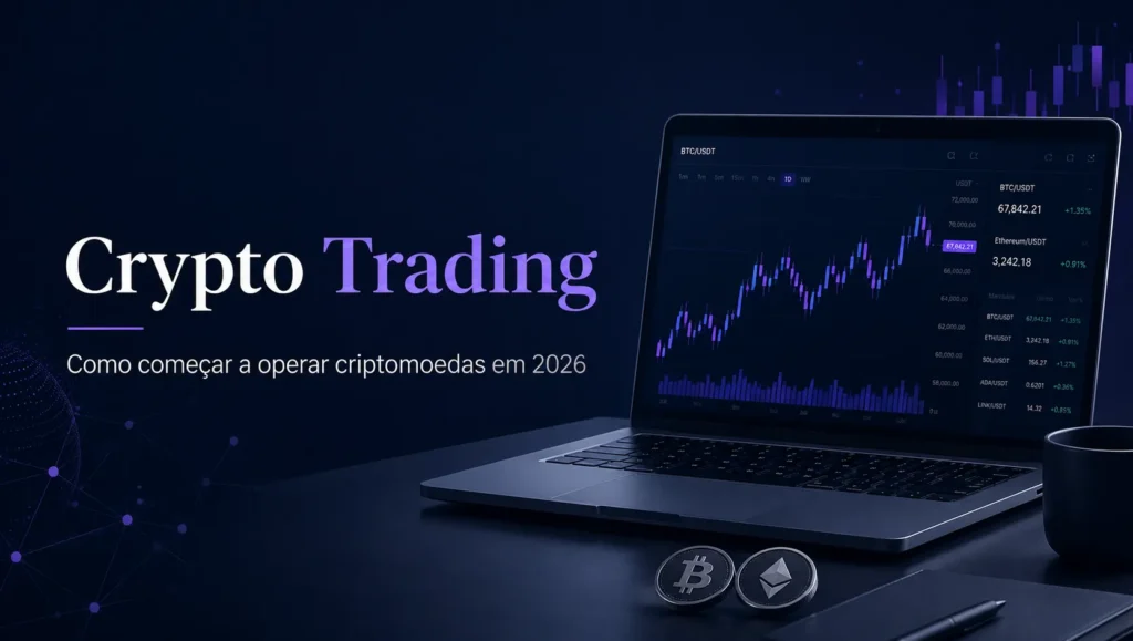 Tela de laptop com gráficos de criptomoedas
