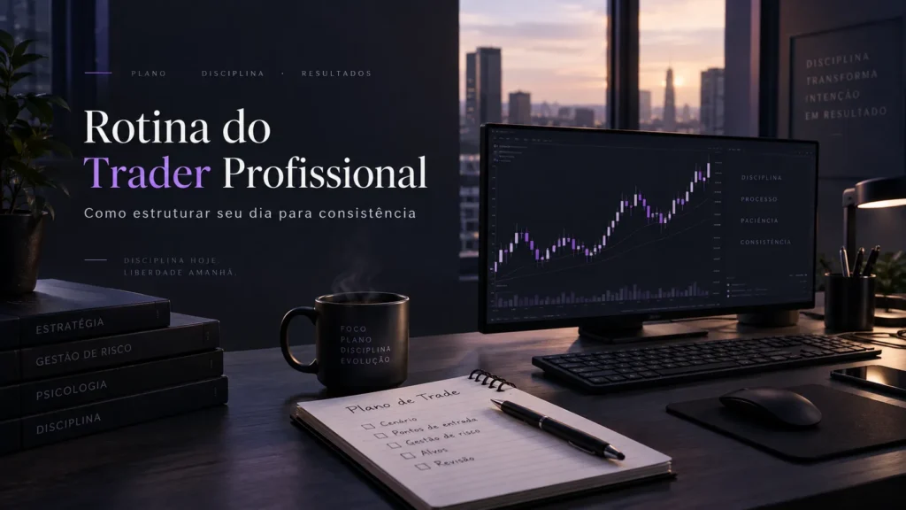 Computador e caderno sobre rotina de trader profissional