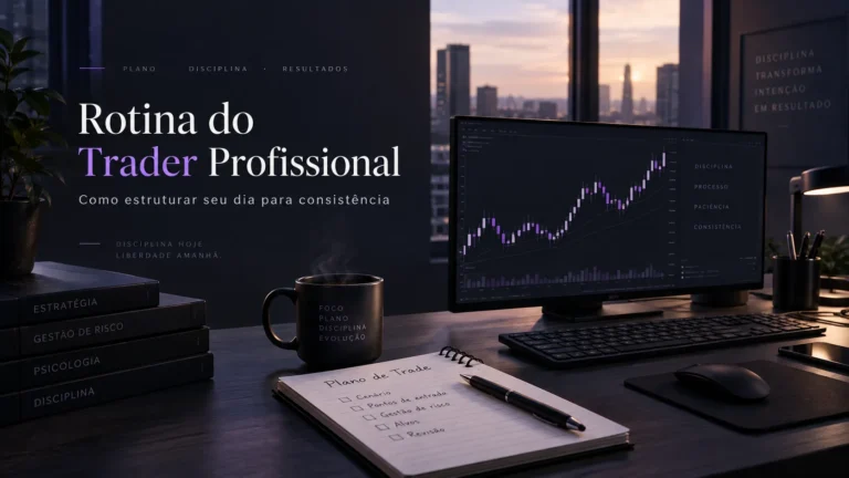 Computador e caderno sobre rotina de trader profissional